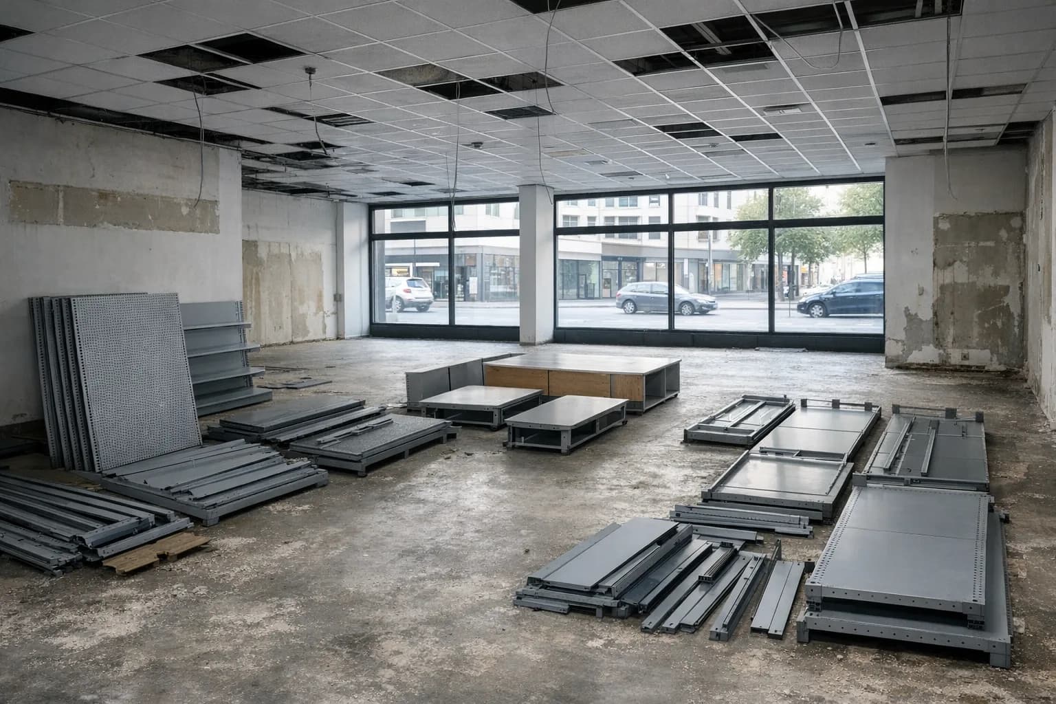 Entkernung und Gewerbe-Rückbau in Dresden: leere Filialfläche mit demontierten Regalen