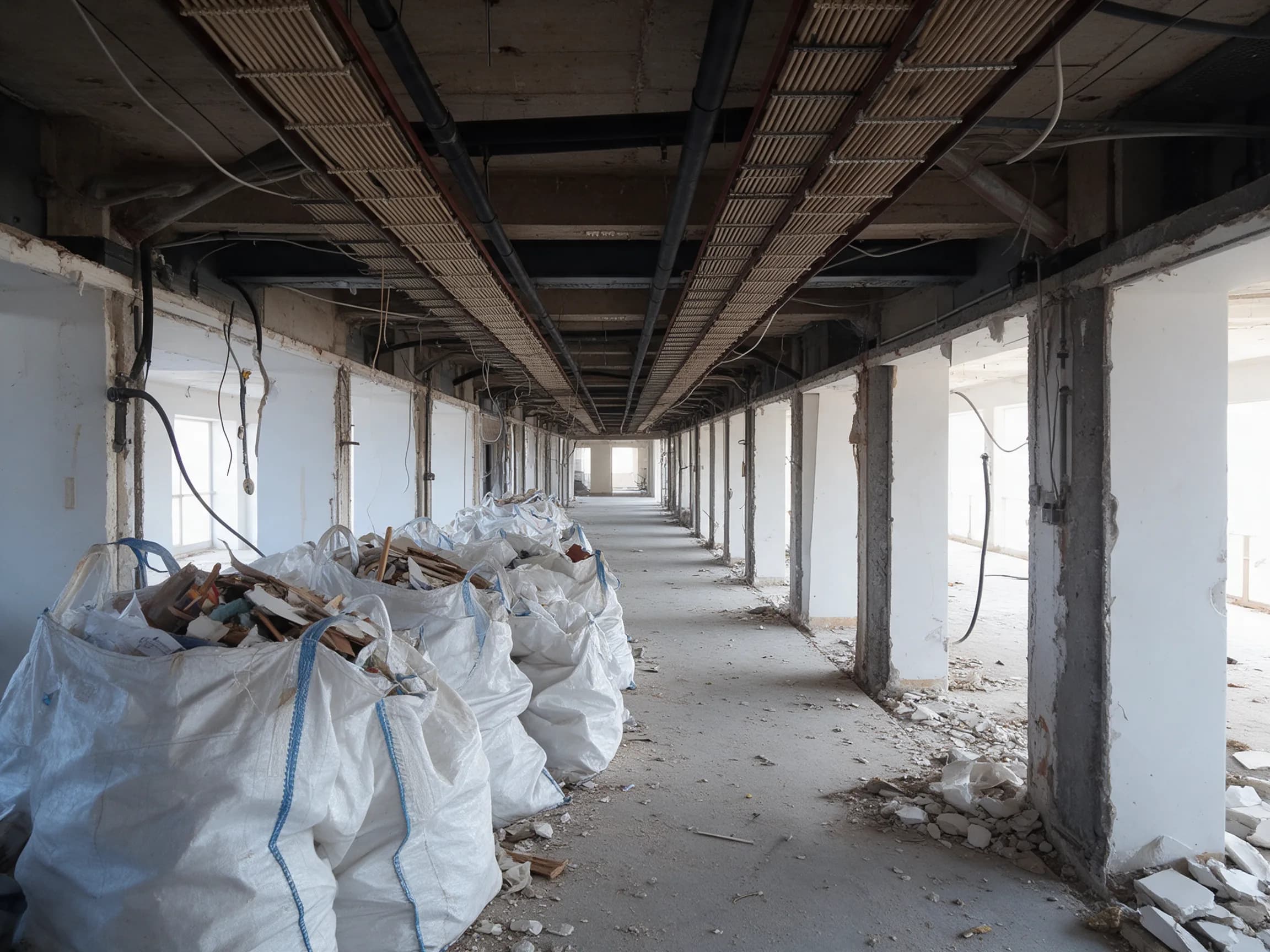 Selektiver Rückbau in Dresden: entkernte Gewerbegang mit Big-Bags für sortierte Abfälle