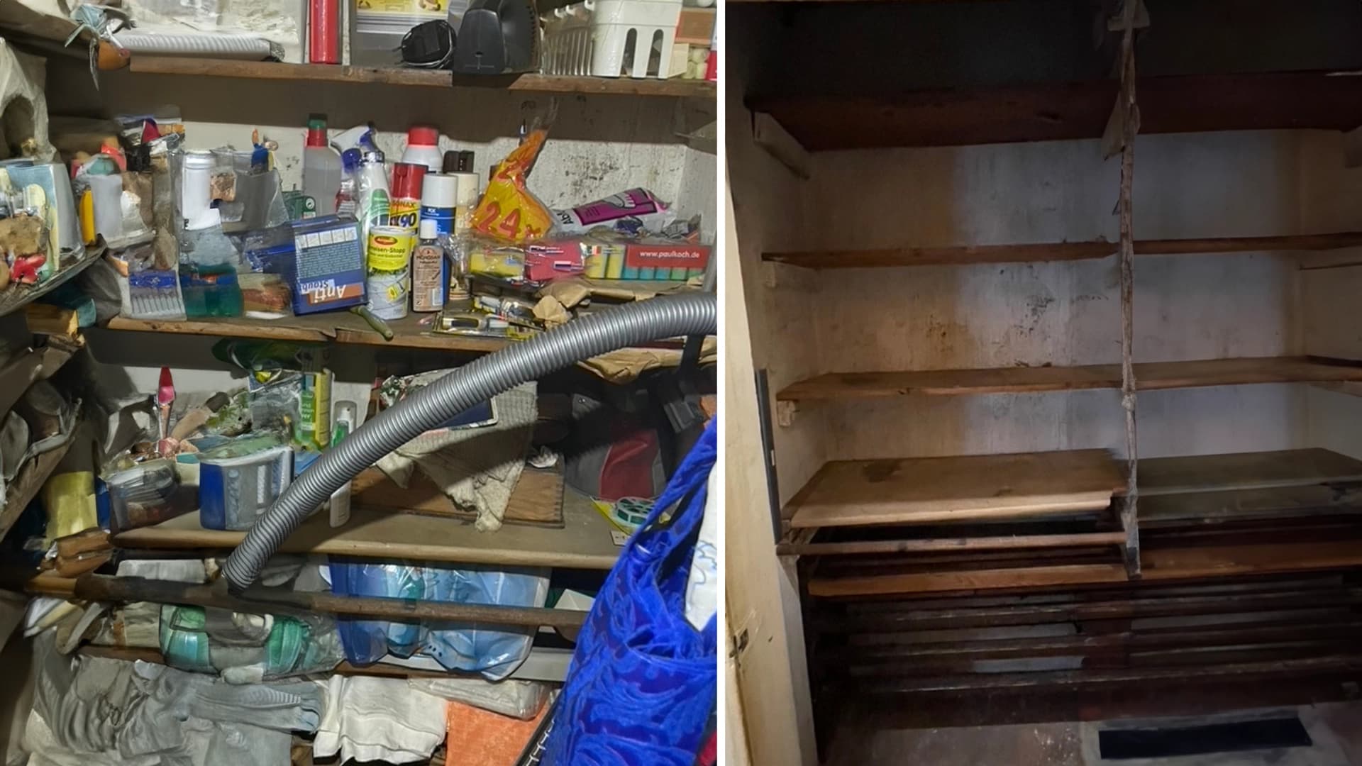 Vorher-Nachher einer Keller-Entrümpelung in Löbtau, Dresden — leeres Holzregal nach Erbfall
