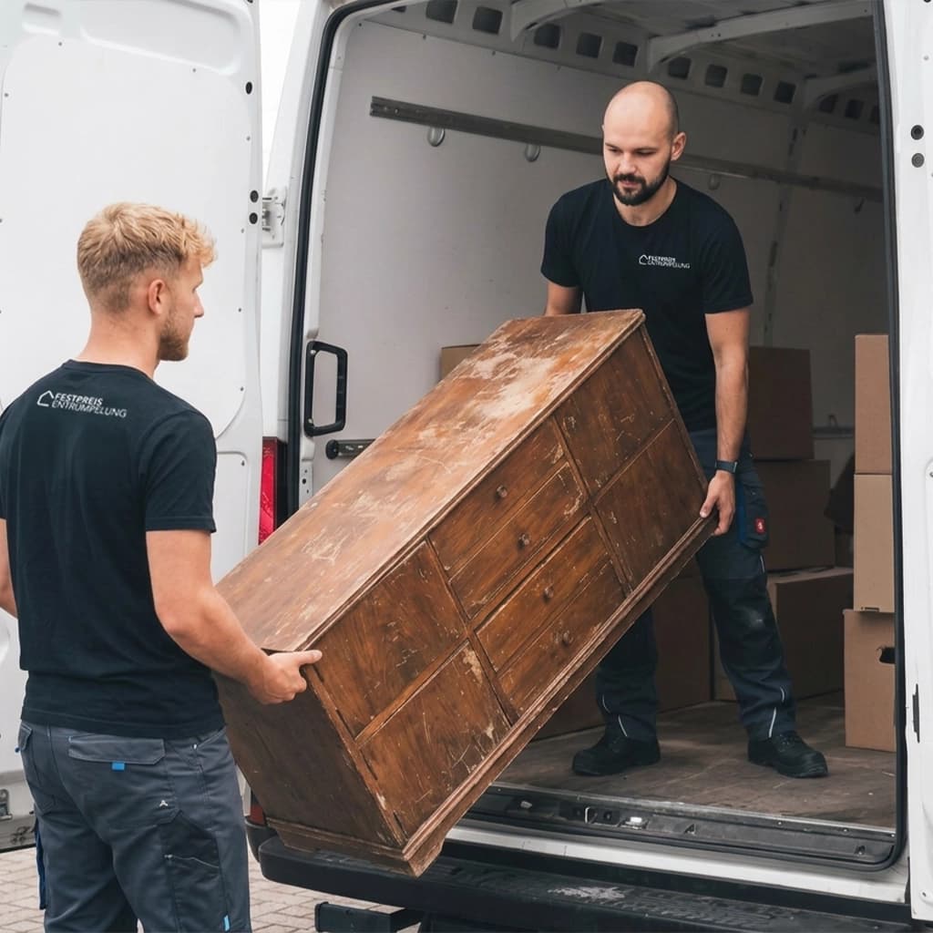 Gewerbeentrümpelung in Heidenau — Team belädt Möbel in den Transporter