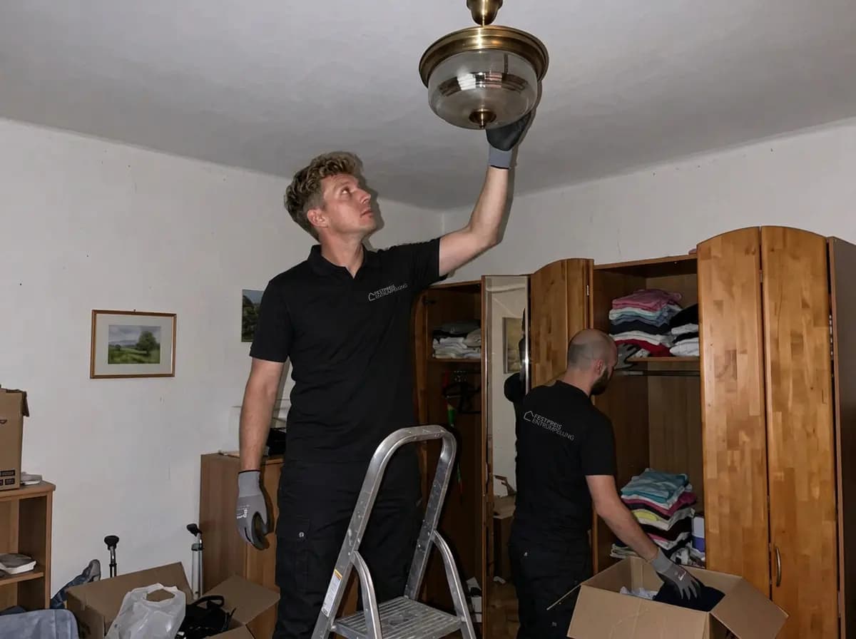 Mitarbeiter von Festpreis Entrümpelung belädt Kartons bei einer Wohnungsauflösung in Dresden